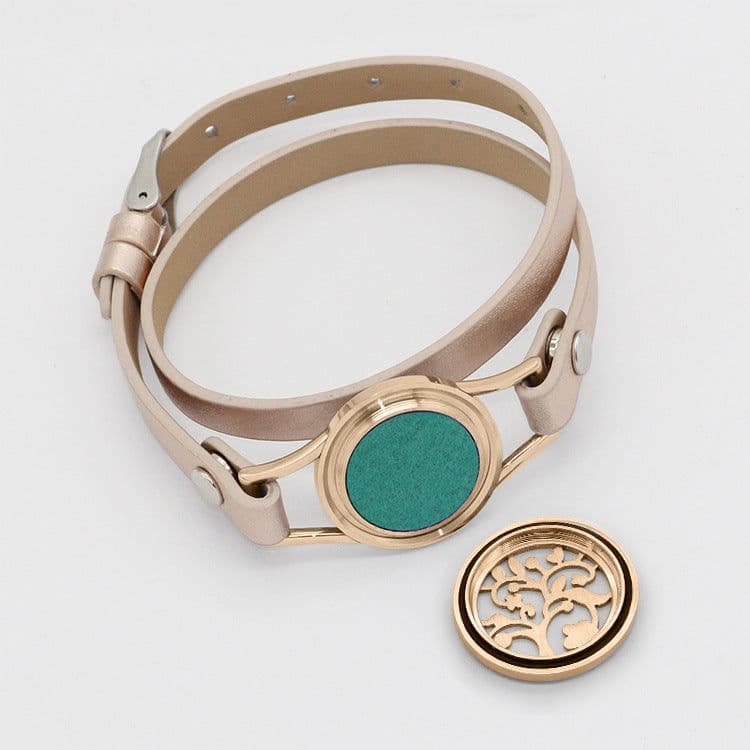 image-Stainless Steel Titanium Steel Hollow Perfume Fragrance Bracelet Double Circle Leather Belt Essential Oil Diffusion Fragrance Bracelet