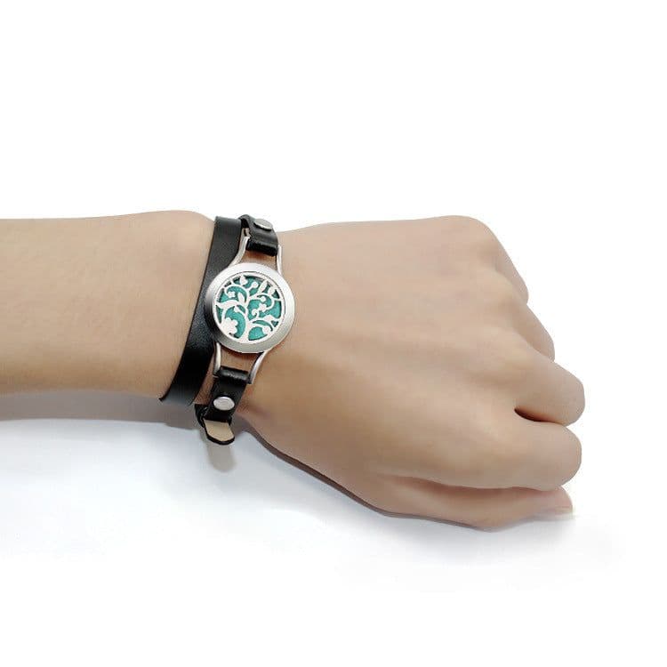 image-Stainless Steel Titanium Steel Hollow Perfume Fragrance Bracelet Double Circle Leather Belt Essential Oil Diffusion Fragrance Bracelet