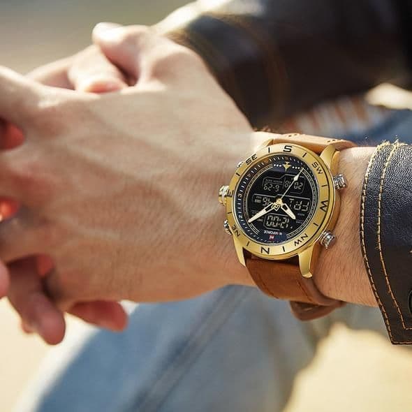 image-NAVIFORCE 9144 Fashion Gold Men Sport Watches Mens LED Analog Digital Watch Army Military Leather Quartz Watch Relogio Masculino