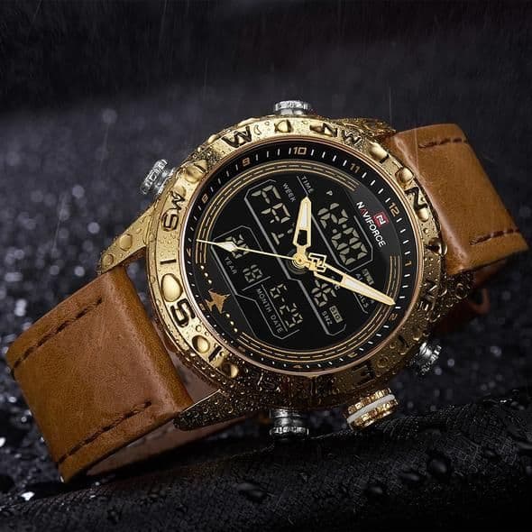 image-NAVIFORCE 9144 Fashion Gold Men Sport Watches Mens LED Analog Digital Watch Army Military Leather Quartz Watch Relogio Masculino