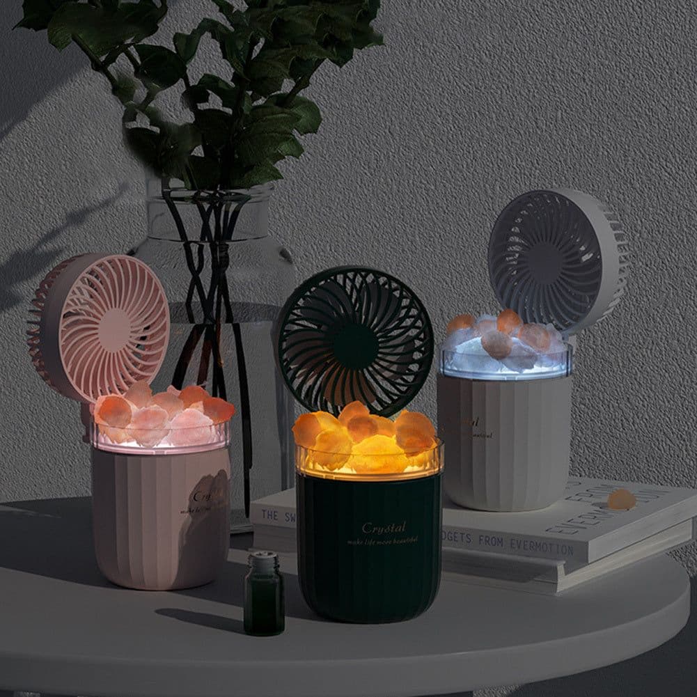 image-Portable Crystal Aromatheraphy Humidifier USB Wireless Aroma Essential Oil Diffuser With Adjustable Fan Warm Light Air Cooler