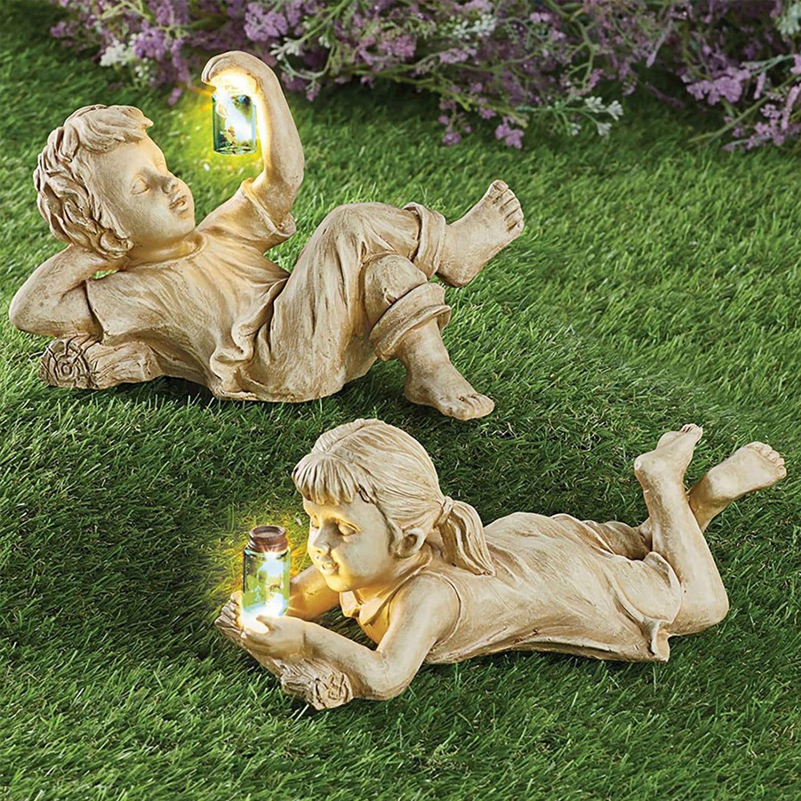 image-Home Decor Resin Craft With Firefly Jar Garden Statue Children Desktop Accessories Boy Girl Cute Gift Outdoor Solar Lighted Art