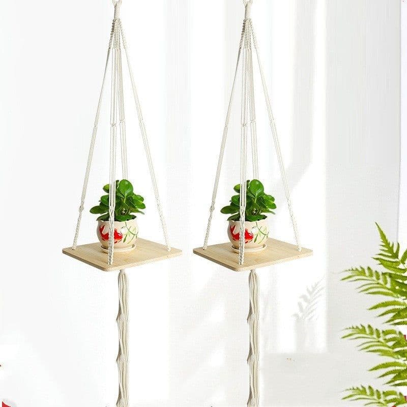 image-Wooden Flower Pot Tray Gardening Simple Square Bracket Cotton Rope Wood