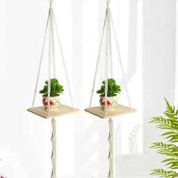 image-Wooden Flower Pot Tray Gardening Simple Square Bracket Cotton Rope Wood