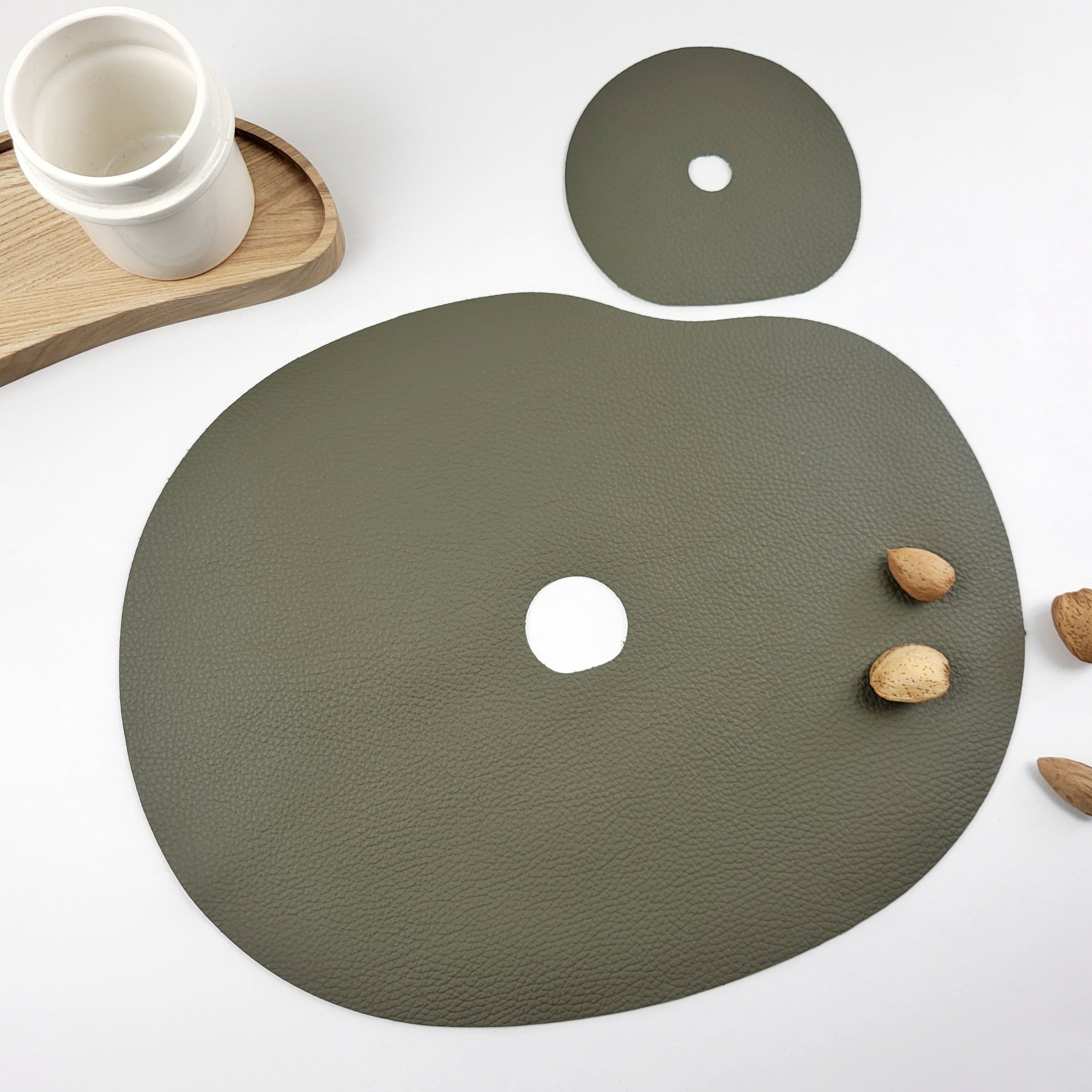 image-Genuine leather placemat and coaster | Olive green