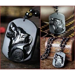image-Collier Loup en Obsidienne Noire