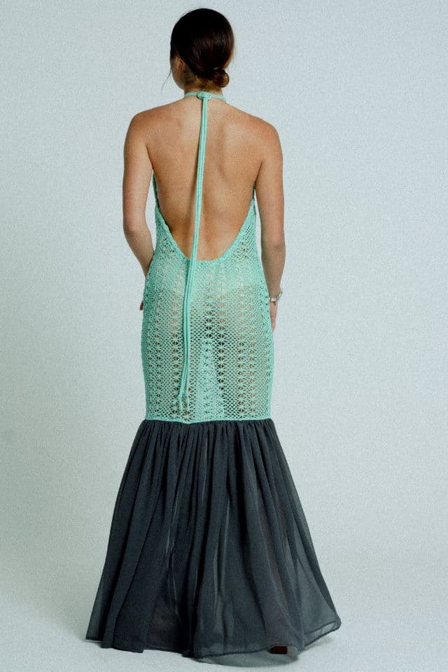 image-Open Back Cotton Crochet Dress Green on Black