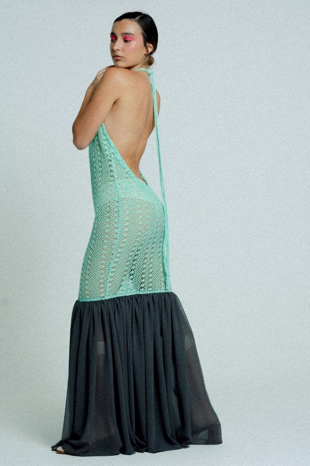 image-Open Back Cotton Crochet Dress Green on Black