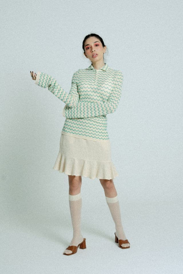 image-Light Weight Long Sleeve Button Up Cotton Knit Shirt Green