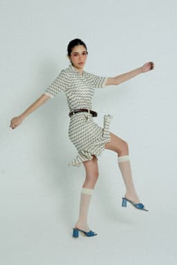 image-Light Weight Cotton Knit High Waist Skirt with Ruffled Hem Marine