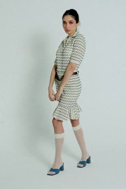 image-Light Weight Cotton Knit High Waist Skirt with Ruffled Hem Marine