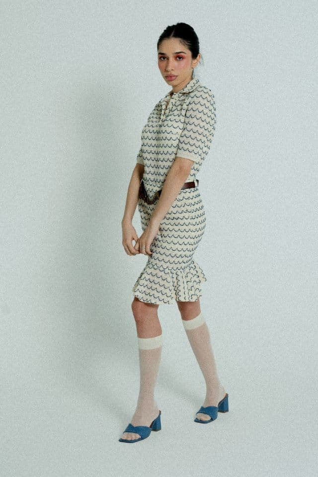 image-Light Weight Cotton Knit High Waist Skirt with Ruffled Hem Marine