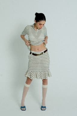 image-Light Weight Cotton Knit High Waist Skirt with Ruffled Hem Marine