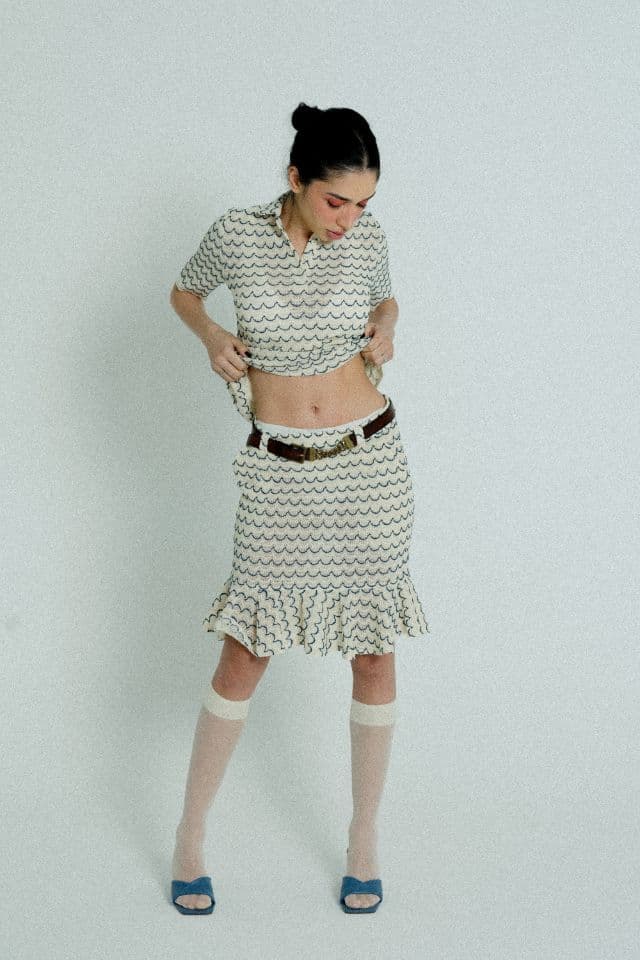 image-Light Weight Cotton Knit High Waist Skirt with Ruffled Hem Marine