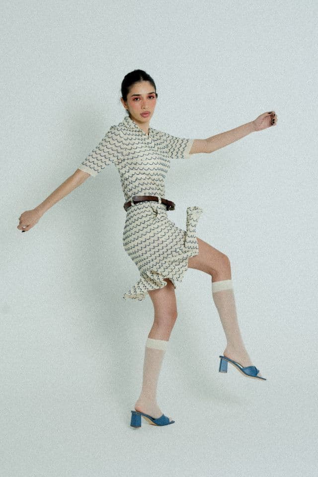 image-Light Weight Cotton Knit High Waist Skirt with Ruffled Hem Marine