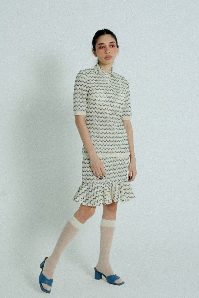 image-Light Weight Cotton Knit High Waist Skirt with Ruffled Hem Marine