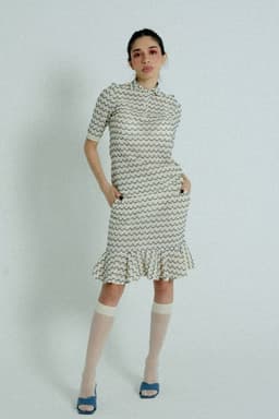 image-Light Weight Cotton Knit High Waist Skirt with Ruffled Hem Marine