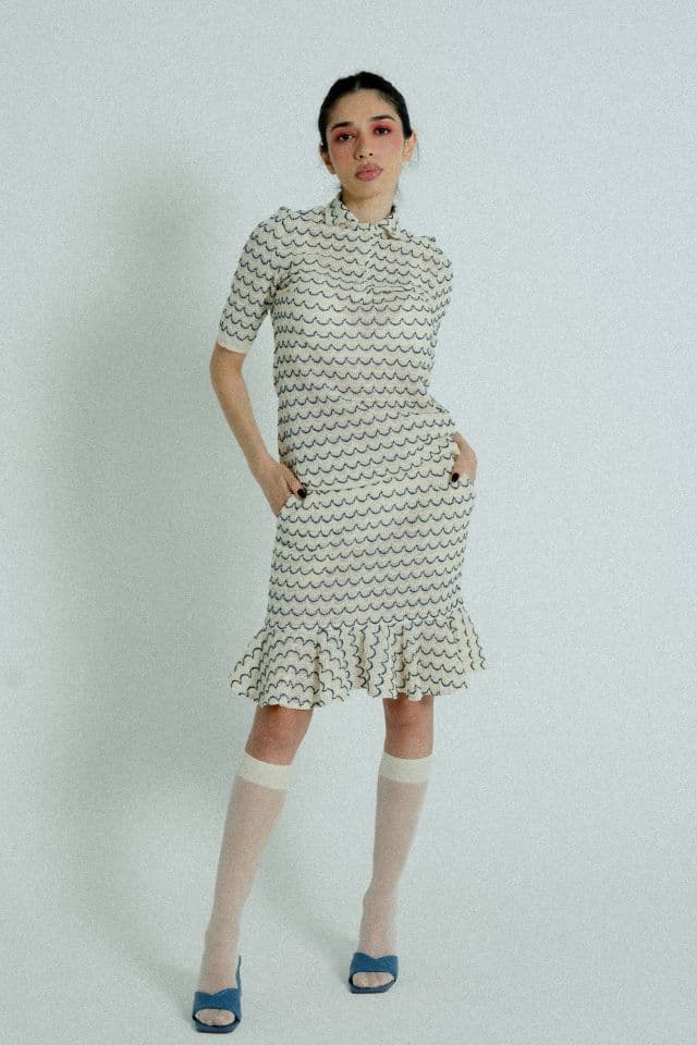image-Light Weight Cotton Knit High Waist Skirt with Ruffled Hem Marine