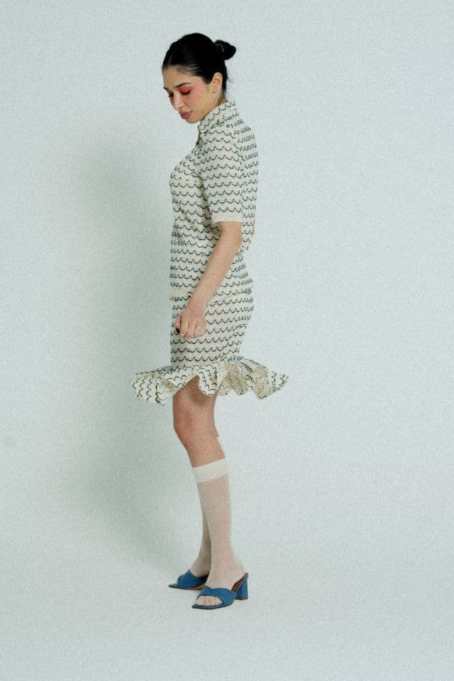 image-Light Weight Cotton Knit High Waist Skirt with Ruffled Hem Marine
