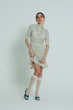 image-Light Weight Cotton Knit High Waist Skirt with Ruffled Hem Marine