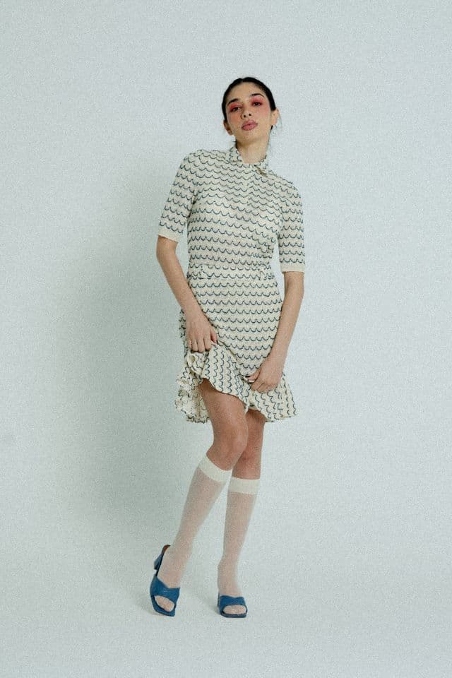 image-Light Weight Cotton Knit High Waist Skirt with Ruffled Hem Marine