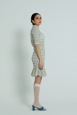 image-Light Weight Cotton Knit High Waist Skirt with Ruffled Hem Marine