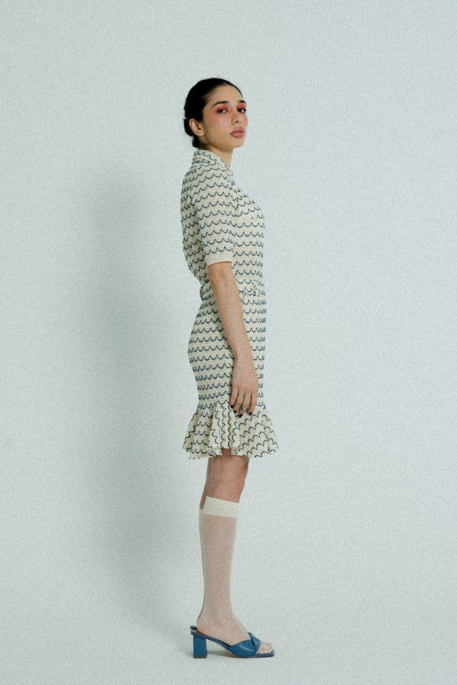 image-Light Weight Cotton Knit High Waist Skirt with Ruffled Hem Marine