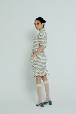 image-Light Weight Cotton Knit High Waist Skirt with Ruffled Hem Marine
