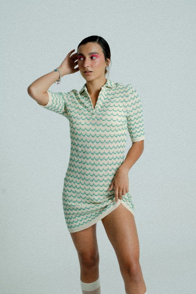 image-Light Weight Short Sleeve Button Up Cotton Knit Tennis Dress Green