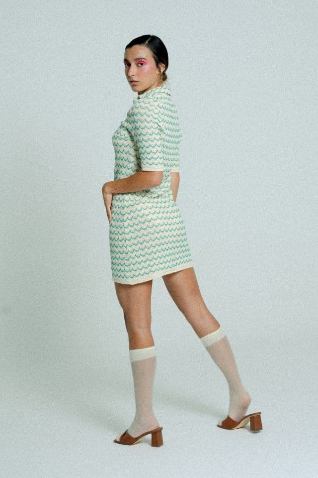 image-Light Weight Short Sleeve Button Up Cotton Knit Tennis Dress Green