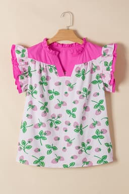 image-Pink Striped Strawberry Blouse - V Neck Flutter Sleeve