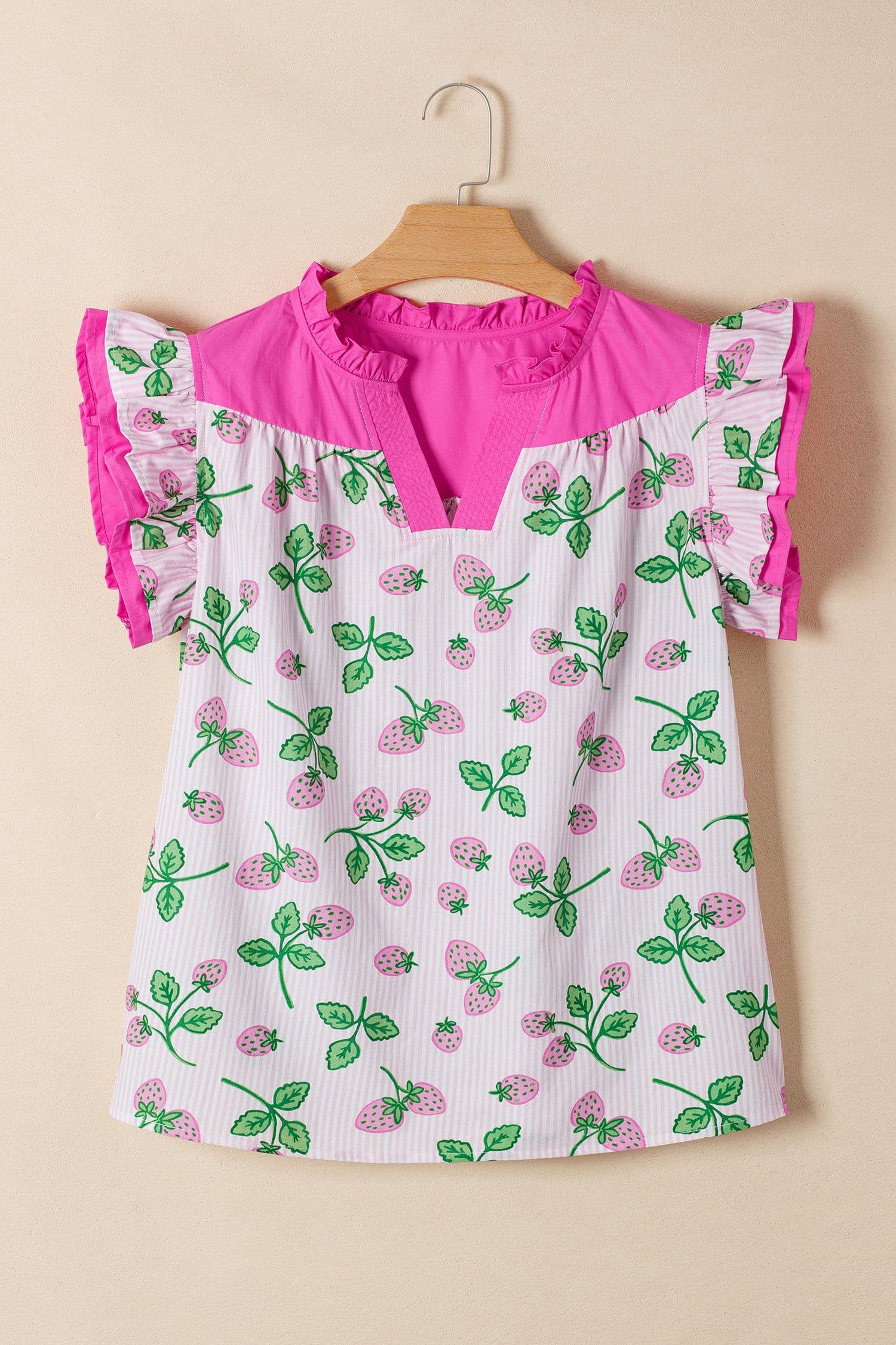 image-Pink Striped Strawberry Blouse - V Neck Flutter Sleeve