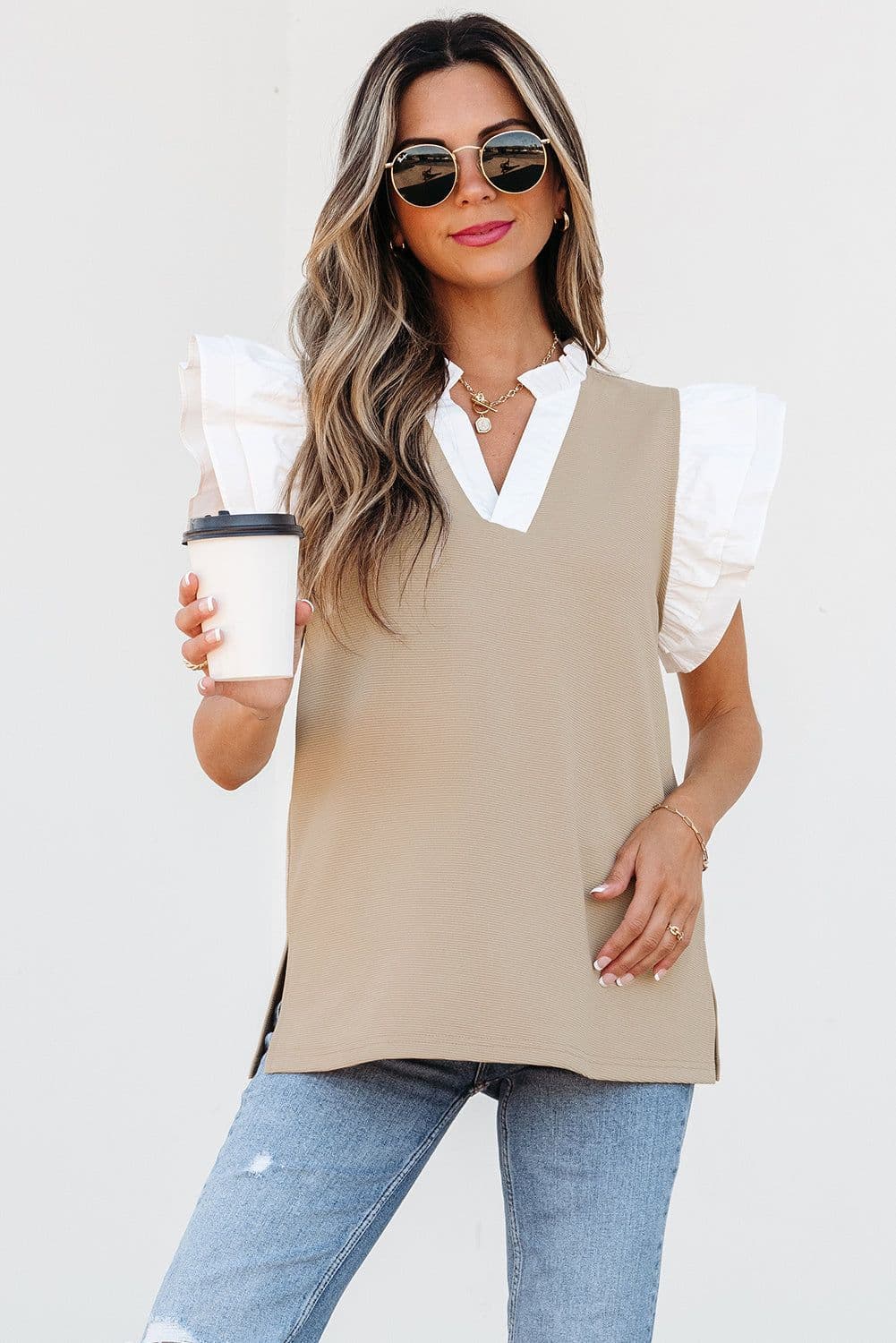 image-Pale Khaki Contrast V Neck Ruffled Knit Top