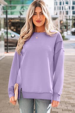 image-Sea Green Horizontal Ribbed Exposed Seam Detail Drop Shoulder Baggy Pullover