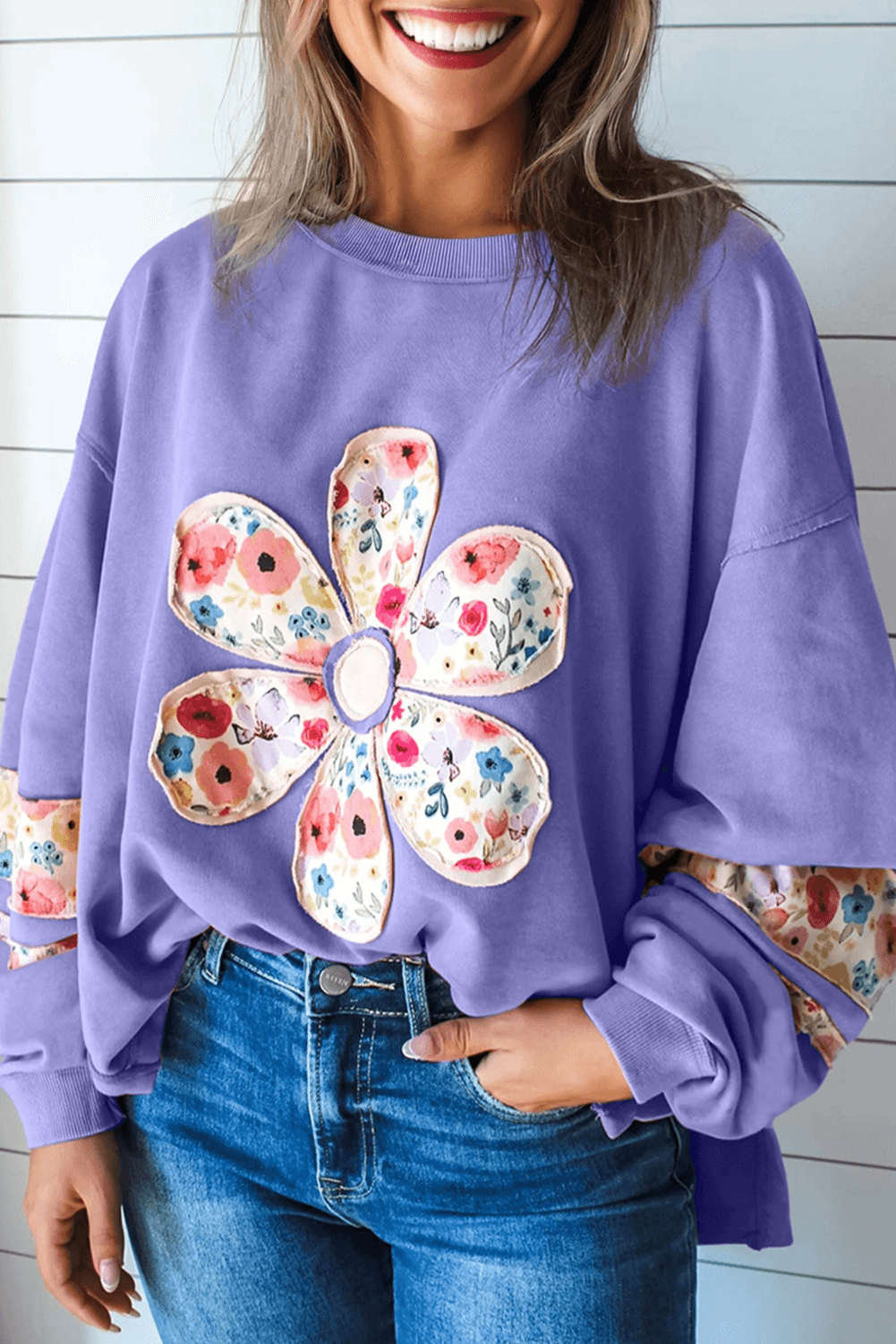 image-Pale Khaki Floral Applique Baggy Pullover Sweatshirt