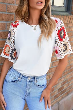 image-White Floral Crochet Top - Short Sleeve, Chic Round Neck, Relaxed Fit