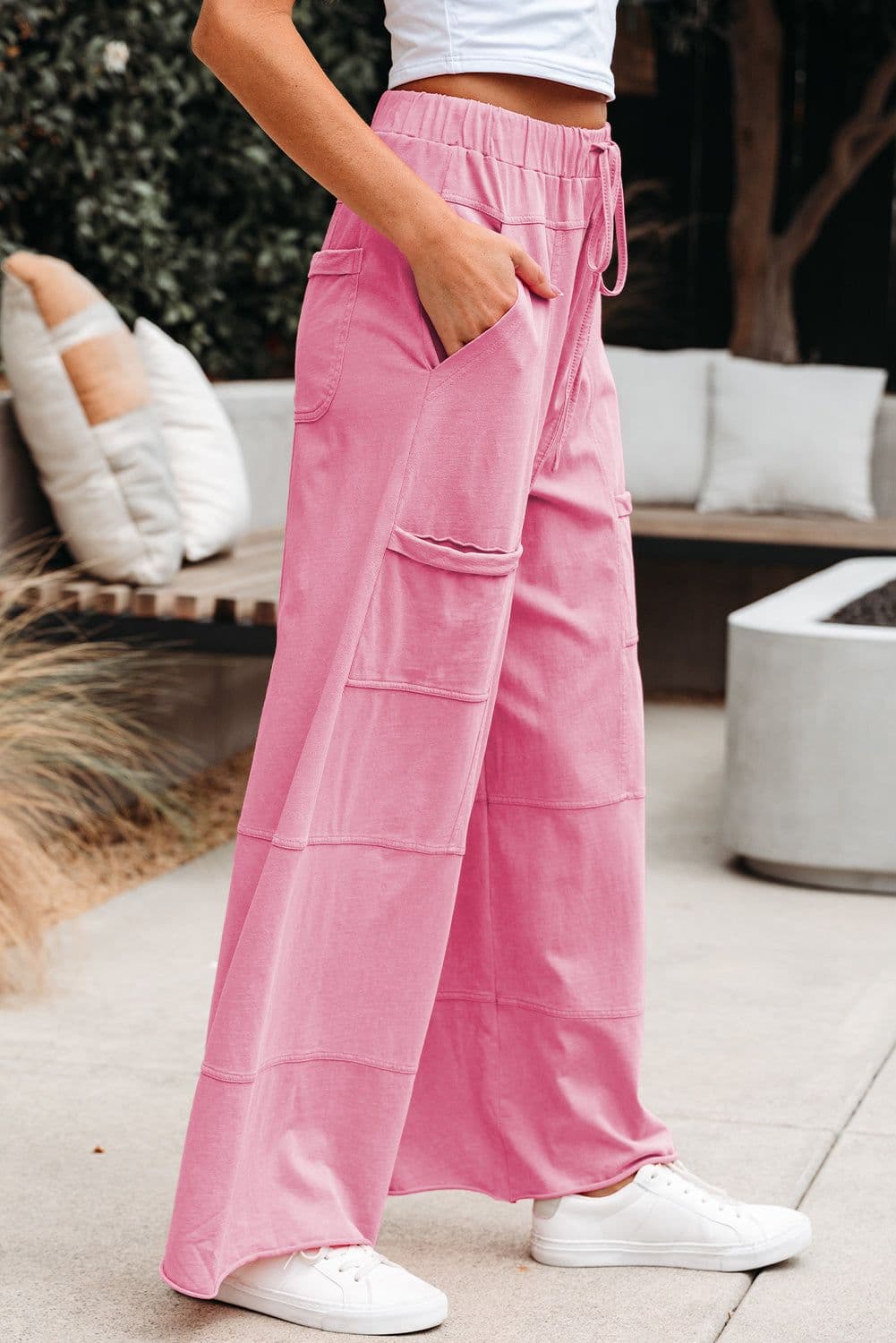 image-Smoke Gray Mineral Wash Exposed Seam Drawstring Elastic Waistband Wide Leg Cargo Pants