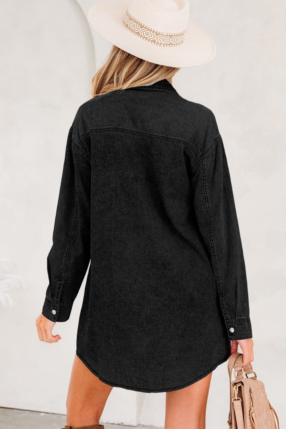 image-Blue Denim Shirt Dress Chest Pocket Raw Hem Loose