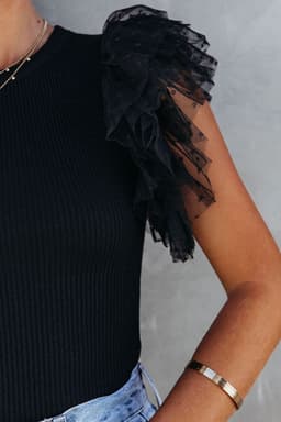 image-Dotty Mesh Ruffle Sleeve Ribbed Knit Top - Black