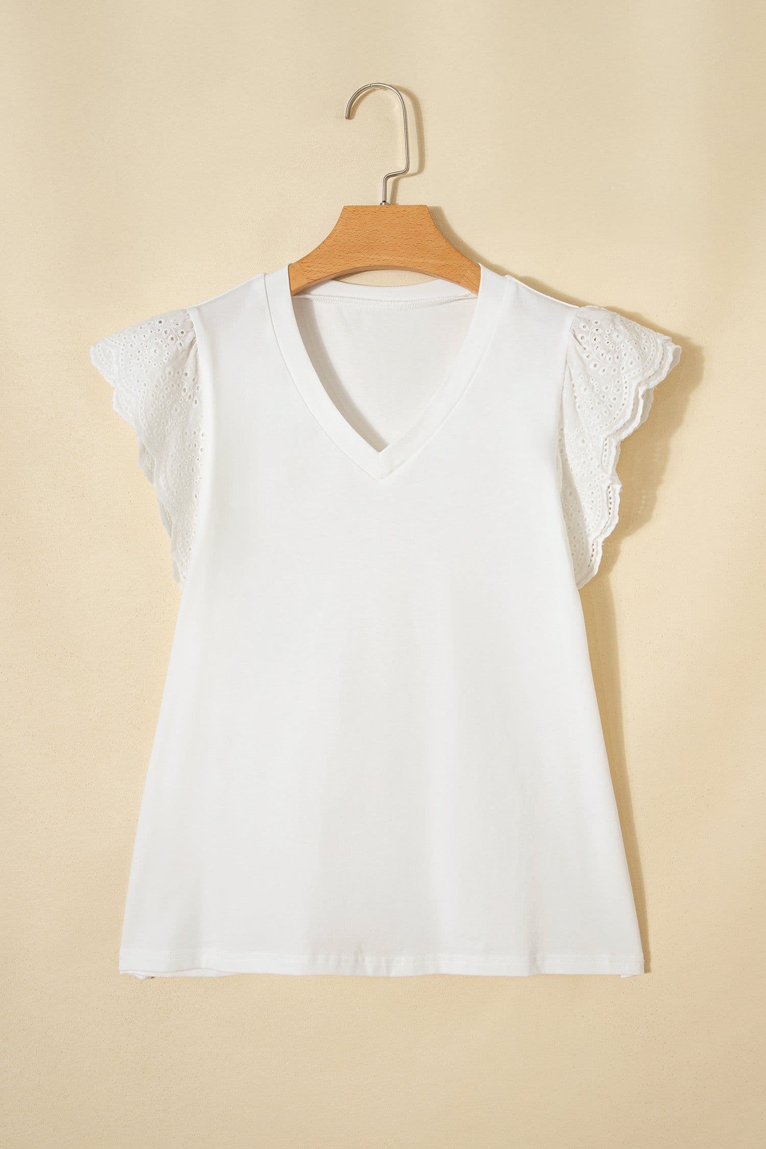 image-White Eyelet Embroidered Flutter Sleeve V-Neck Tee - 95% Cotton