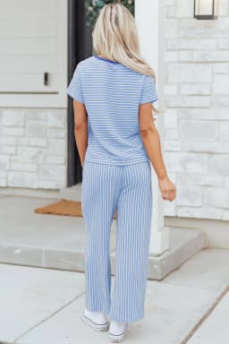 image-Khaki Stripe Crew Neck Tee Drawstring Waist Cropped Pants Set