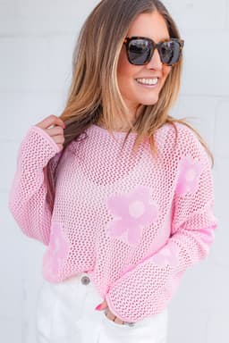 image-Light Pink Hollowed Knit Drop Shoulder Sweater - Chic & Feminine