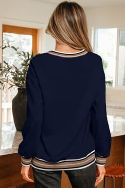 image-Gray Varsity Contrast Striped Trim V Neck Sweatshirt
