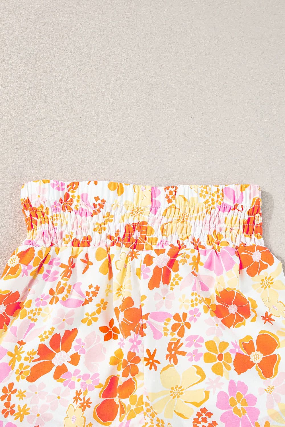 image-Pink Boho Floral Shirred High Waist Shorts
