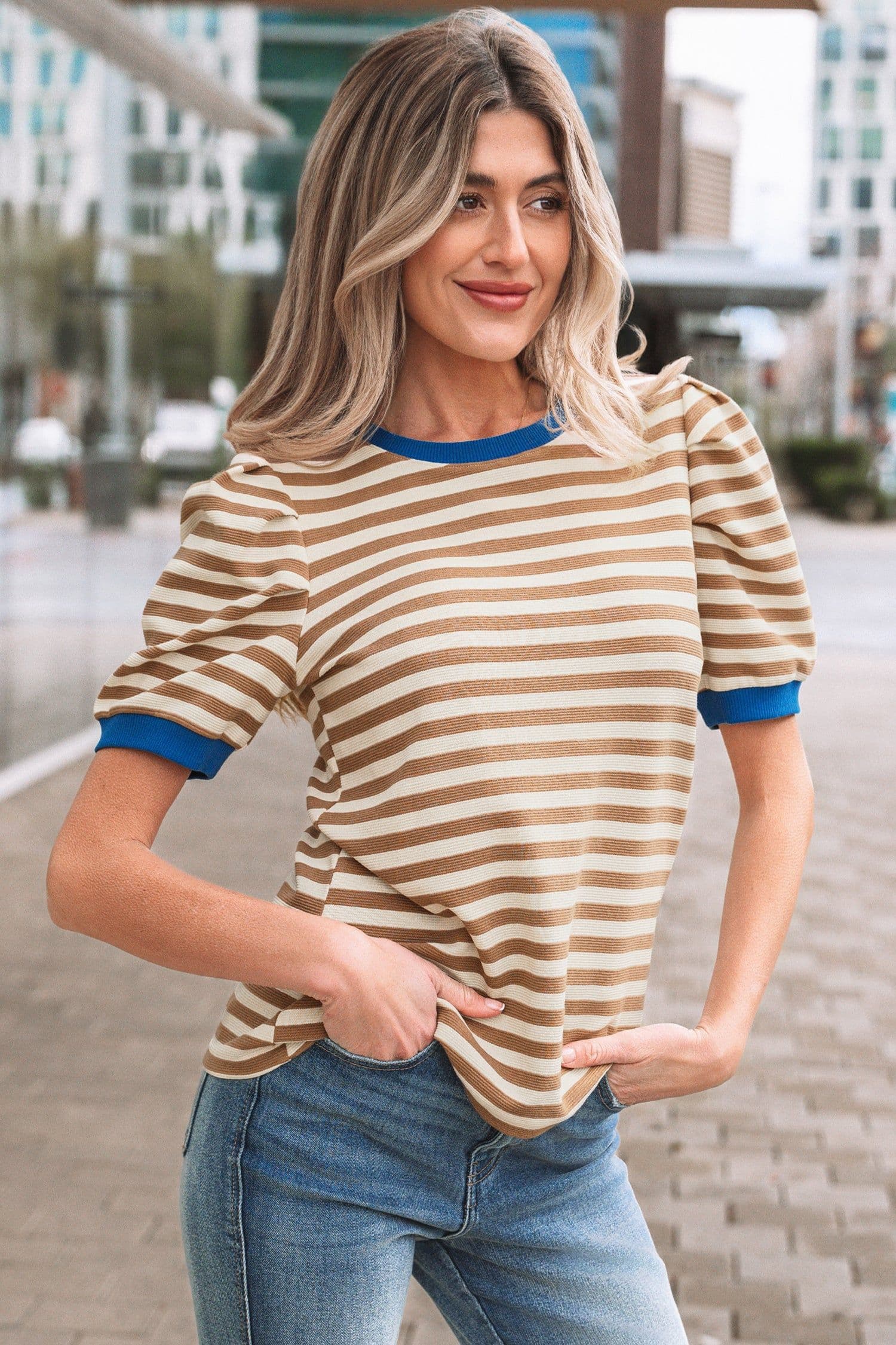 image-Brown Stripe Puff Sleeve T-Shirt - Round Neck