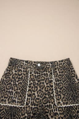 image-Khaki Contrast Scalloped Lace Trim Leopard Denim Shorts