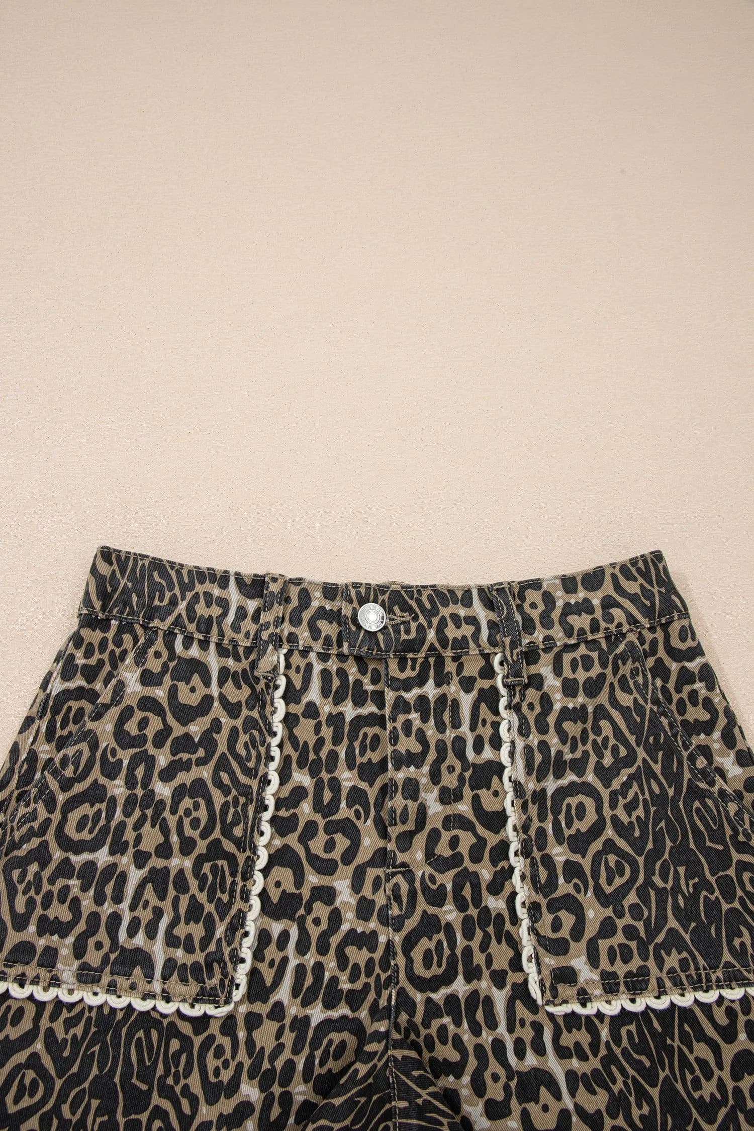 image-Khaki Contrast Scalloped Lace Trim Leopard Denim Shorts