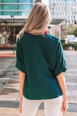 image-Evergreen Plaid Patchwork V-Neck Half Sleeve Blouse
