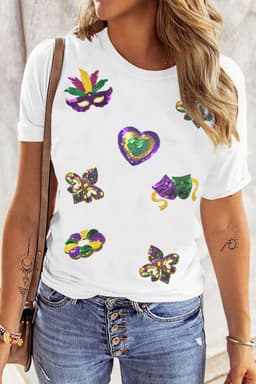 image-White Sequined Mardi Gras Symbolic Pattern Casual Tee