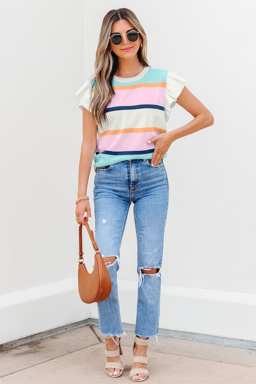 image-Multicolor Striped Flutter Sleeve Sweater Top